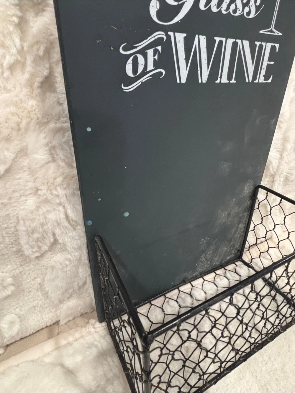 Farmhouse Wine Wall Decor with Wire Basket | Kitchen Bar Organizer